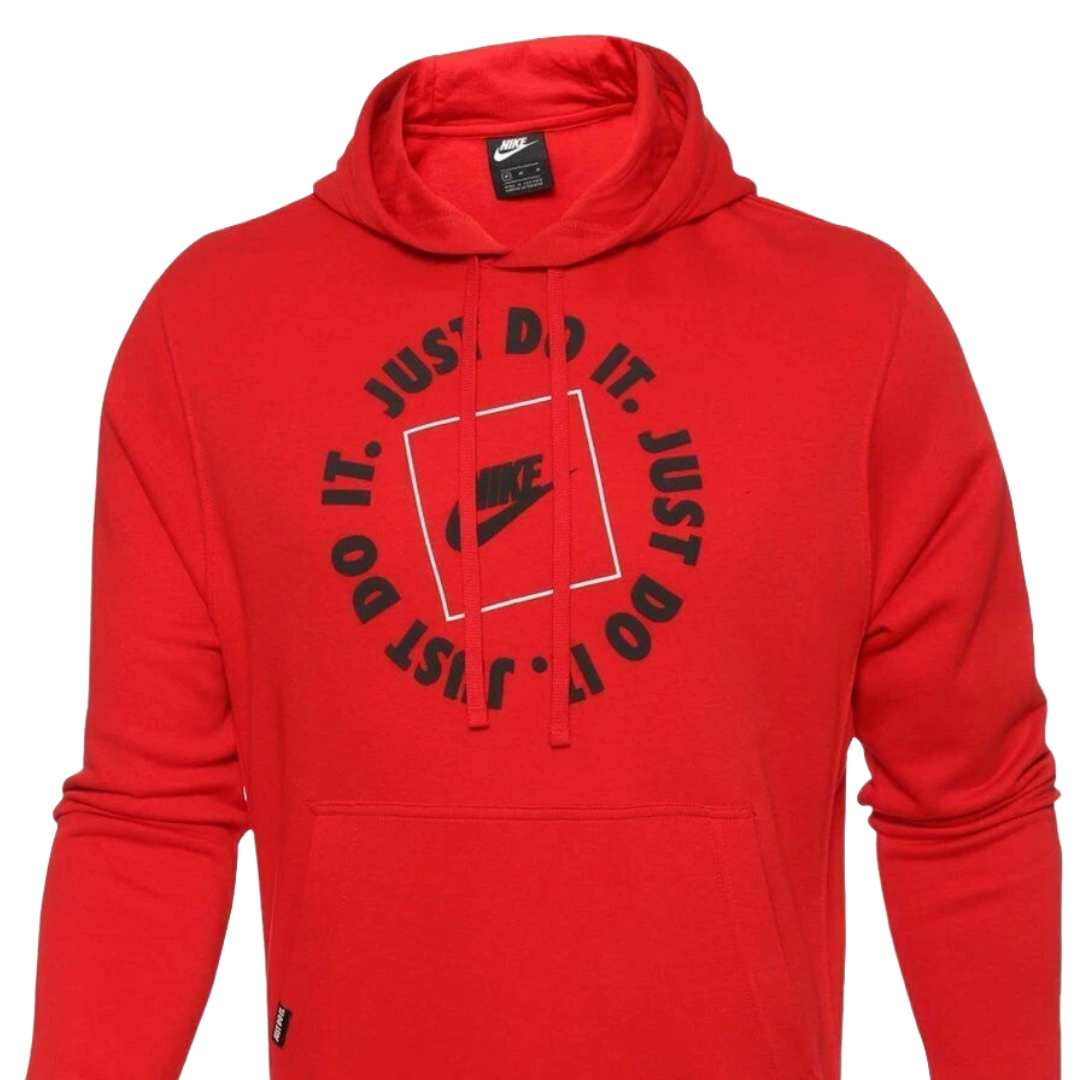 A red Nike hoodie featuring the \“Just Do It.\“ slogan in a circular design around the Nike logo, with drawstrings at the hood.
