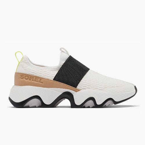 sorel white kinetic sneakers with a black strap