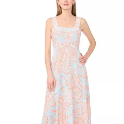 Sleeveless dress with a square neckline, featuring a light blue and orange paisley pattern.