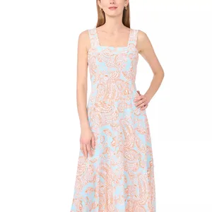 Sleeveless dress with a square neckline, featuring a light blue and orange paisley pattern.