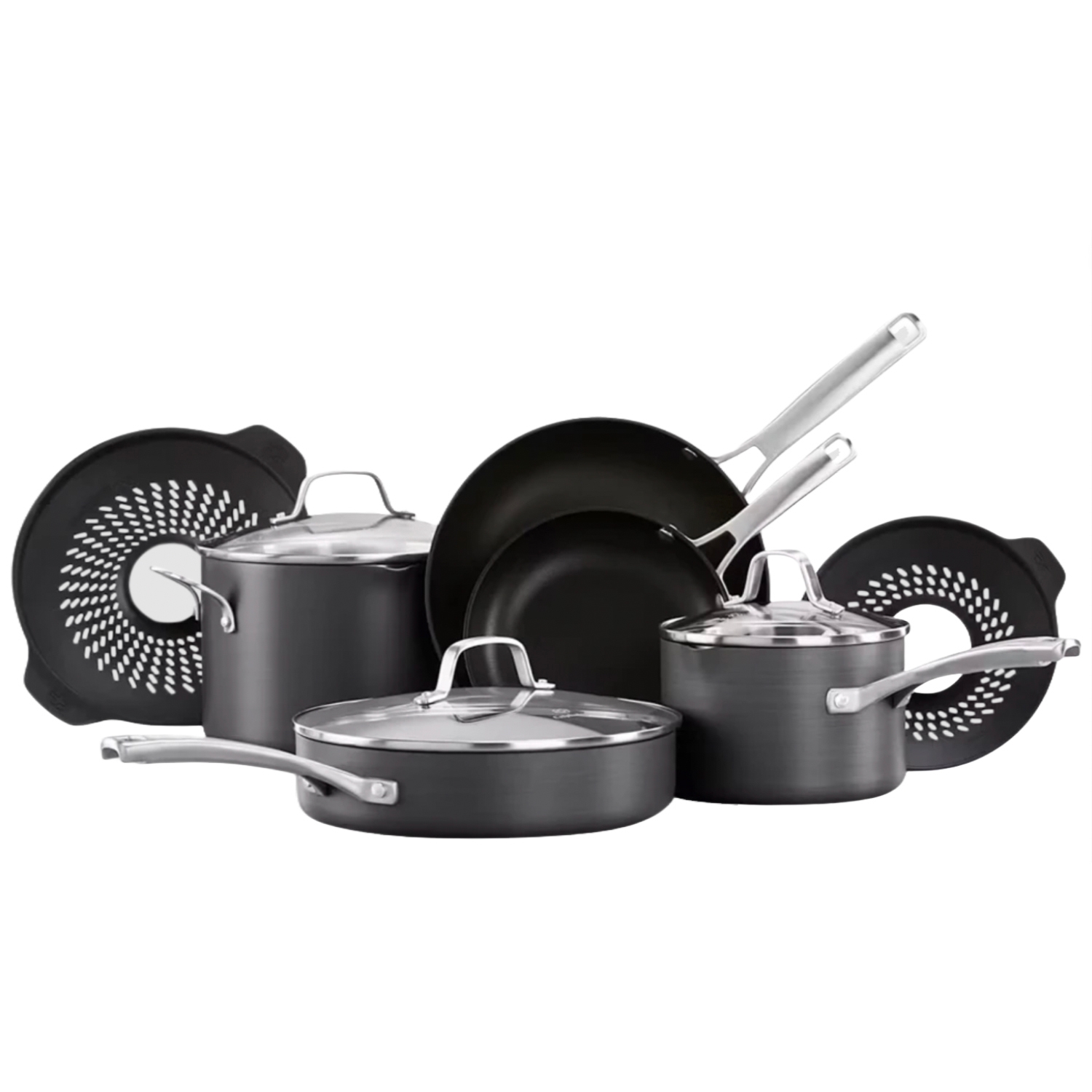 The 14-piece Calphalon Cookware Set includes nonstick, hard-anodized pots and pans with stainless steel handles and glass lids. It features fry pans, saucepans, sauté pans, a stock pot, and silicone inserts for easy straining.