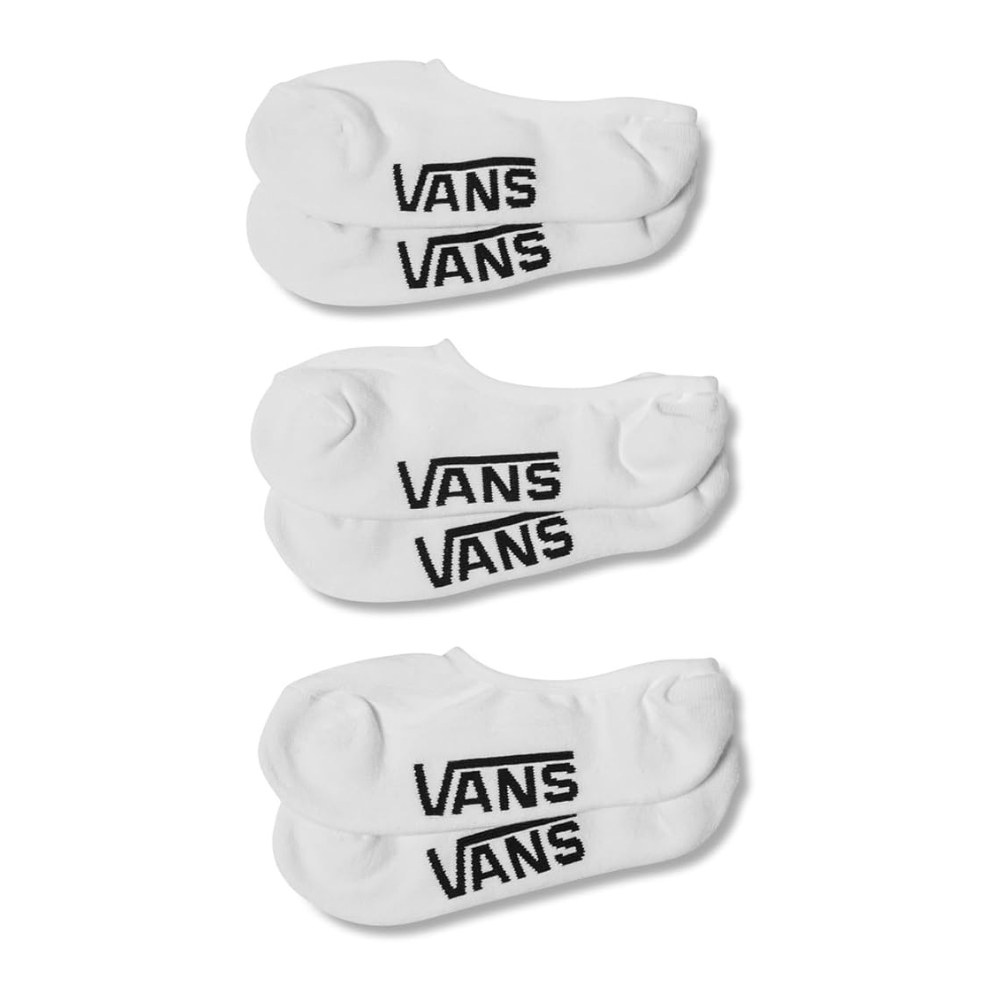 Three pairs of white no-show socks with \“VANS\“ logo in black lettering.