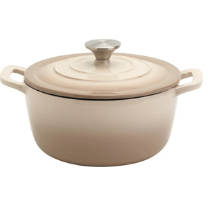 A beige 3.5-quart enameled cast-iron Dutch oven with a rounded lid, two side handles, and a stainless steel knob.