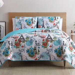 A quilt and pillow set featuring Parisian-themed designs with the Eiffel Tower, flowers, and vintage streetlights, accented with blue, red, and green colors.