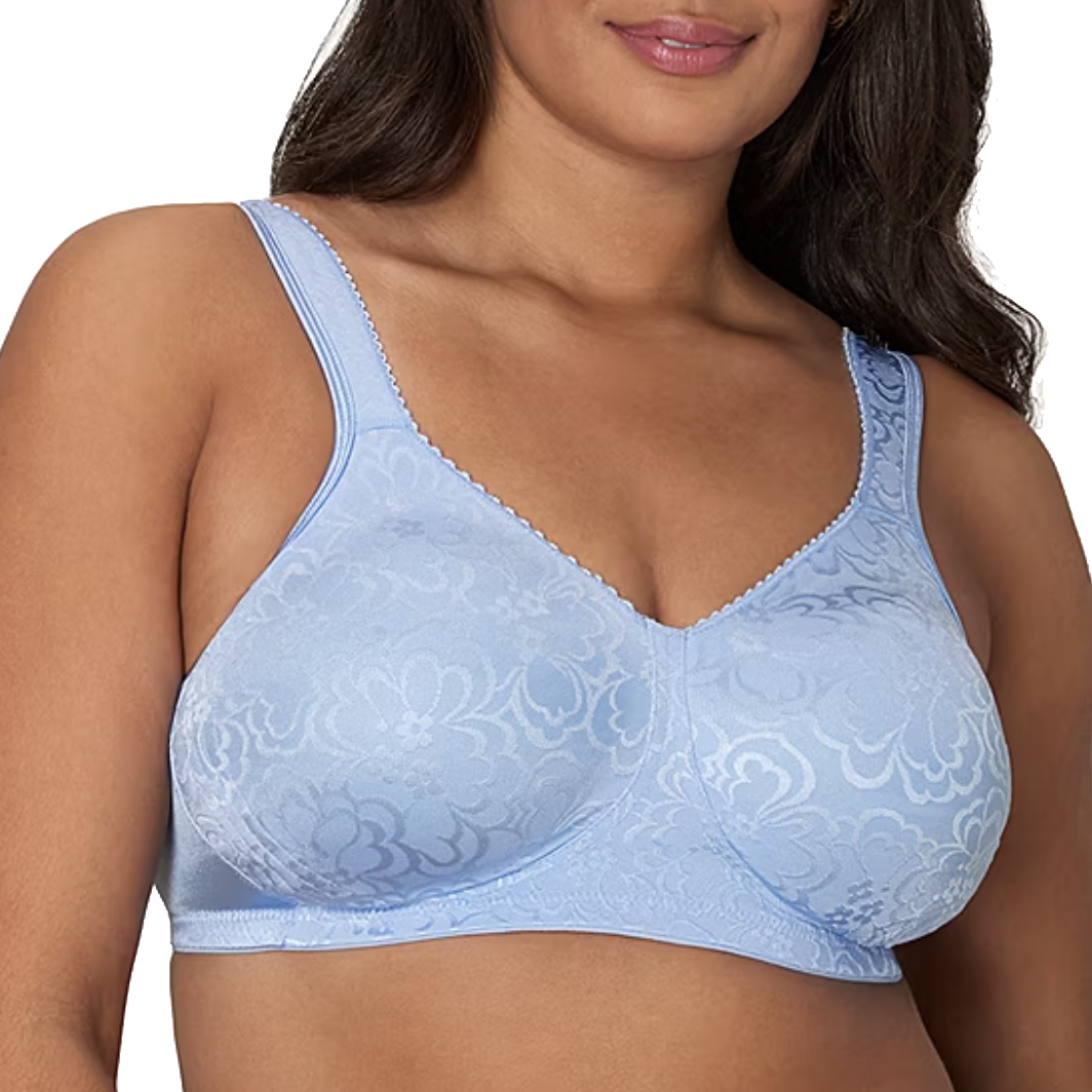 Light blue bra with a floral lace pattern, featuring wide adjustable straps and a full-coverage design.