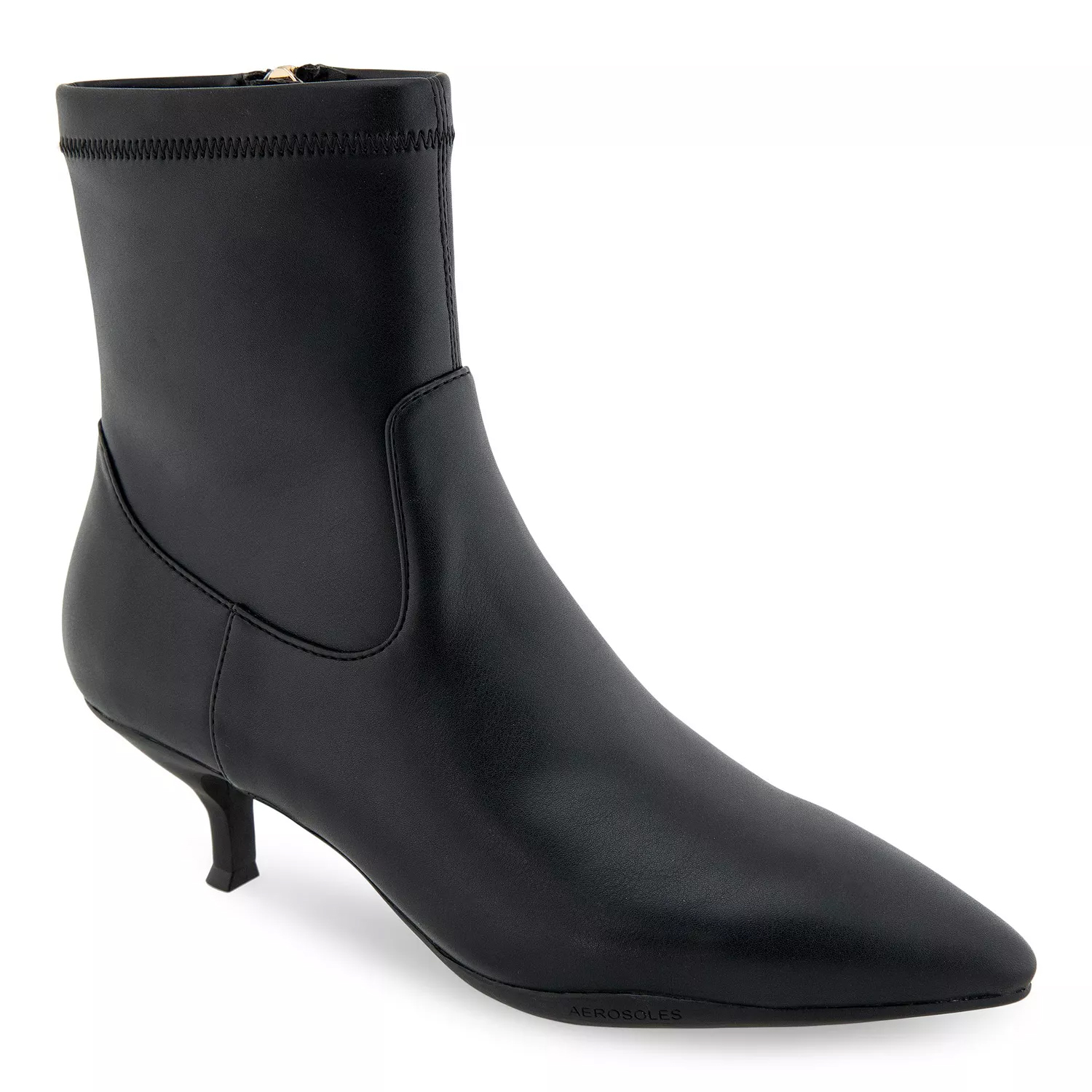 A sleek black ankle boot with a low kitten heel, featuring a smooth finish and side zipper closure.