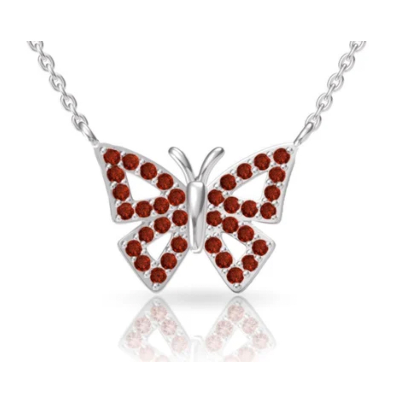Silver butterfly pendant on a chain, with orange-brown gemstone embellishments on the wings.
