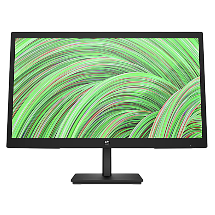 Computer monitor with a three-sided micro-edge bezel display, featuring a design of green, pink, and black swirling lines on the screen.