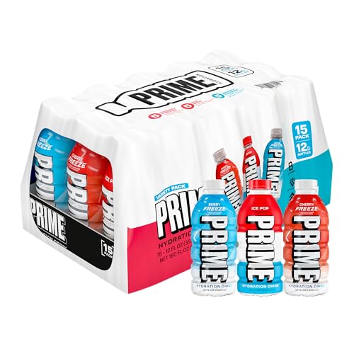 A 15-pack of Prime Hydration Drink, featuring three flavors: Tropical Punch, Ice Pop, and Blue Raspberry. Each bottle is 12 fl oz.