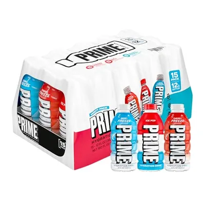 A 15-pack of Prime Hydration Drink, featuring three flavors: Tropical Punch, Ice Pop, and Blue Raspberry. Each bottle is 12 fl oz.