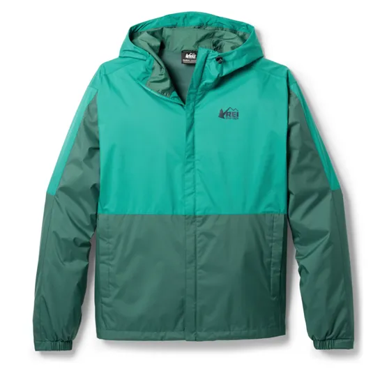 A two-tone teal hooded jacket with an REI Co-op logo on the chest, featuring elastic cuffs and a full front zipper.