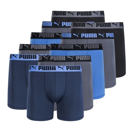 A 10-pack of Puma boxer briefs in various shades of blue, gray, and black, each featuring a black waistband with the Puma logo.