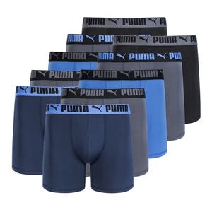 A 10-pack of Puma boxer briefs in various shades of blue, gray, and black, each featuring a black waistband with the Puma logo.