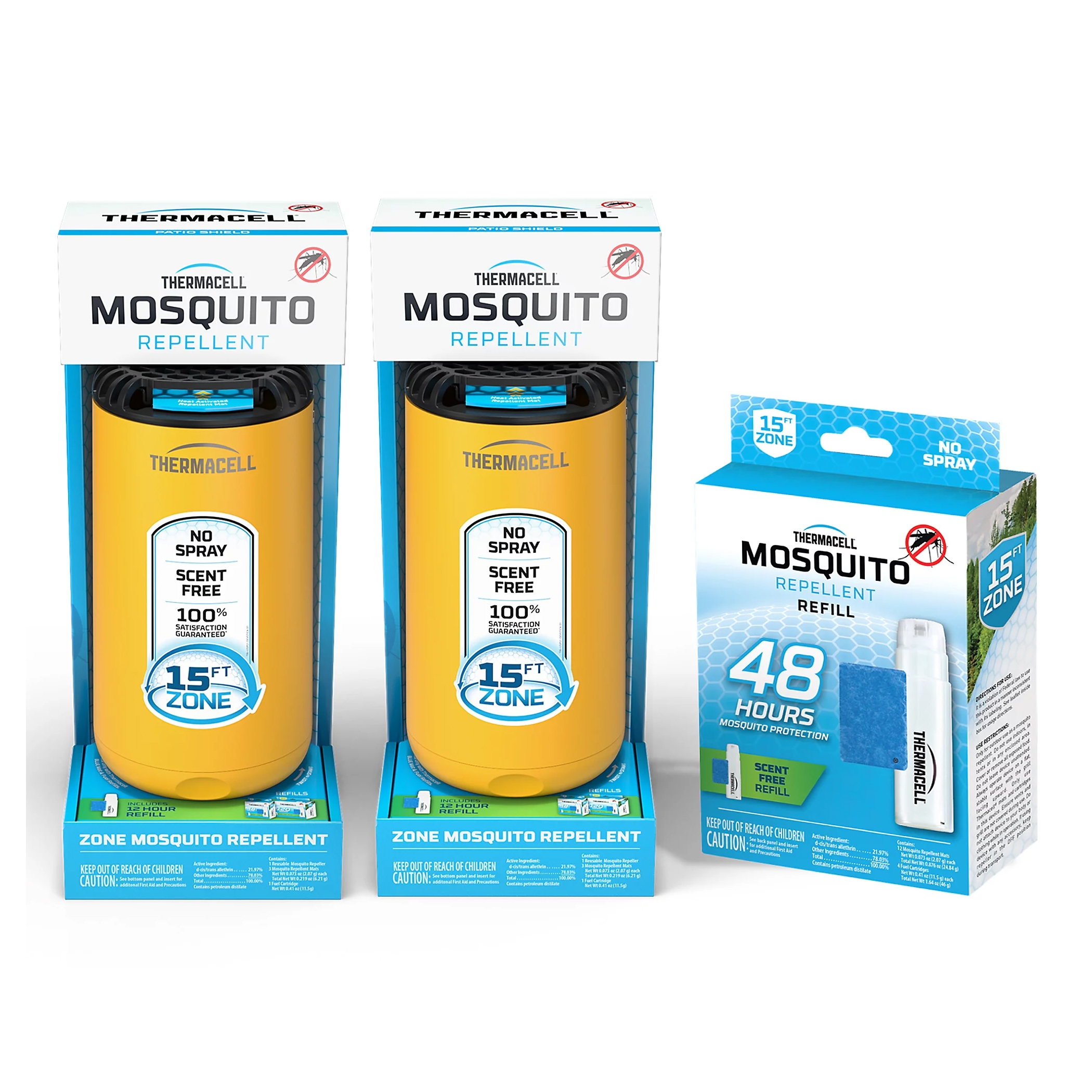 Thermacell Repeller Duo includes two zone mosquito repellents, each creating a 15-foot scent-free, no-spray protection zone, and a refill pack providing 48 hours of protection.