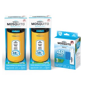 Thermacell Repeller Duo includes two zone mosquito repellents, each creating a 15-foot scent-free, no-spray protection zone, and a refill pack providing 48 hours of protection.