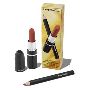 The MAC Cosmetics Mini Lip Duo features a mini lipstick and matching lip pencil in a neutral shade, packaged in a gold box.