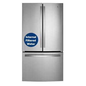 Stainless steel French door refrigerator with bottom freezer and internal filtered water feature.