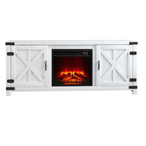 White farmhouse-style TV stand featuring a central electric fireplace insert with realistic flames, flanked by two cabinets with barn-style doors and black hardware.