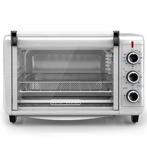 A Black+Decker countertop convection toaster oven with dials for temperature, function, and timer settings.
