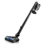 Cordless vacuum cleaner with a slim design, featuring a transparent dust canister and a motorized brush head with blue accents.