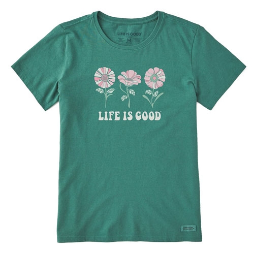 A green t-shirt with a \“Life is Good\“ slogan and daisy flower graphic.