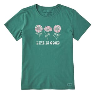 A green t-shirt with a \“Life is Good\“ slogan and daisy flower graphic.