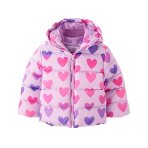 A children's puffer jacket with a heart pattern, featuring pink and purple hearts on a light pink background. The jacket includes a hood and a front zipper closure.