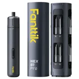 A Fanttik NEX S1 Pro electric screwdriver with bit storage holder, featuring a sleek black design and yellow branding.