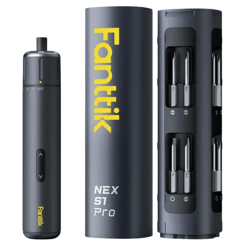 A Fanttik NEX S1 Pro electric screwdriver with bit storage holder, featuring a sleek black design and yellow branding.
