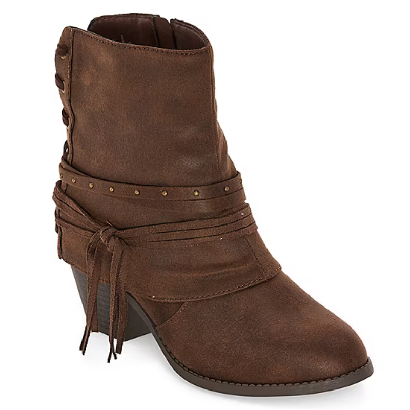 Brown ankle boot with a medium heel, decorative wrap-around straps, studs, and a tie on the side.
