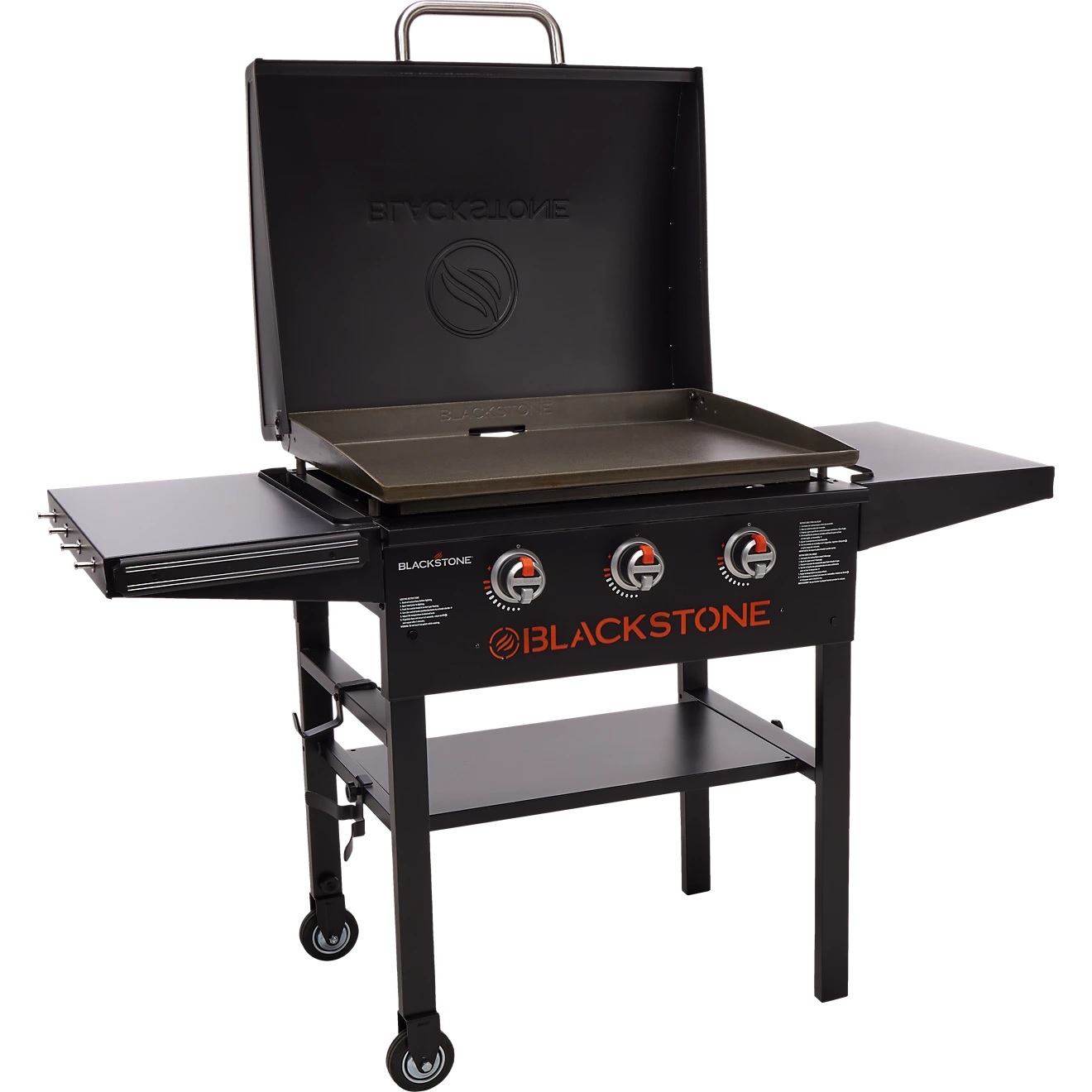 Blackstone 28\“ XL 3-Burner Griddle with side shelves, equipped with three control knobs for separate burners, features a flat top cooking surface, a storage shelf below, and is mounted on wheels for mobility.