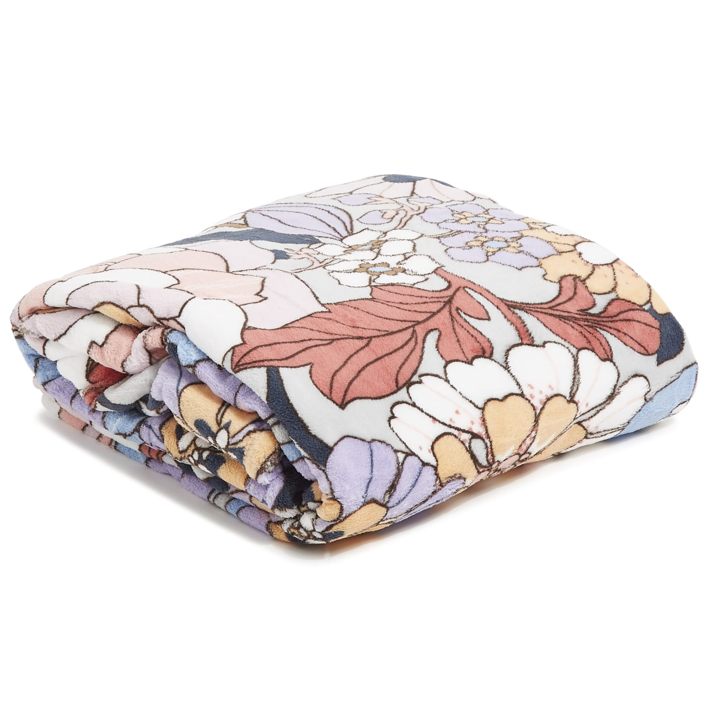 A folded floral-patterned blanket featuring pastel hues and a variety of flowers and leaves.