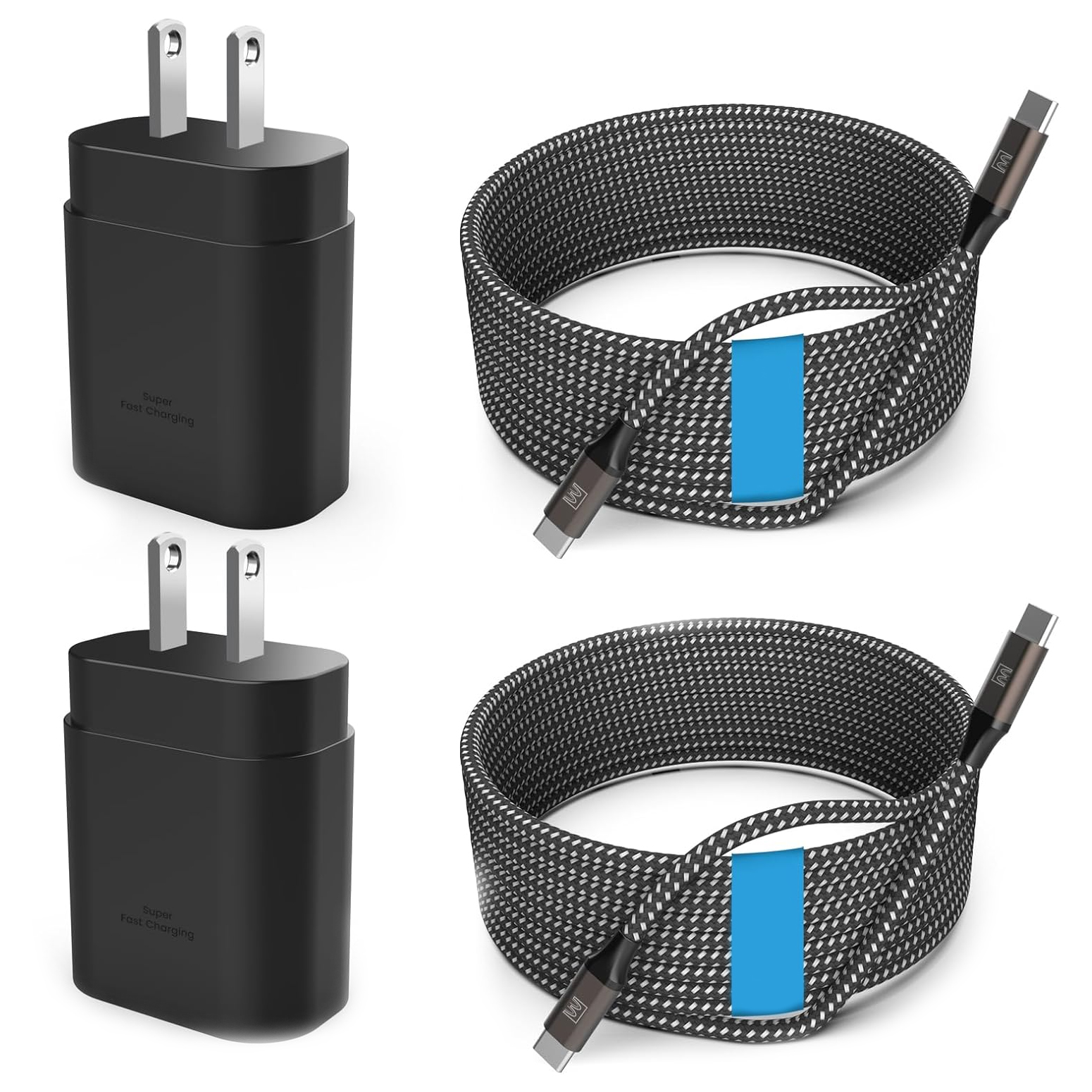 Two black wall chargers labeled \“Super Fast Charging\“ and two braided USB-C cables with blue straps are displayed.