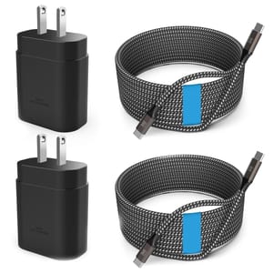 Two black wall chargers labeled \“Super Fast Charging\“ and two braided USB-C cables with blue straps are displayed.