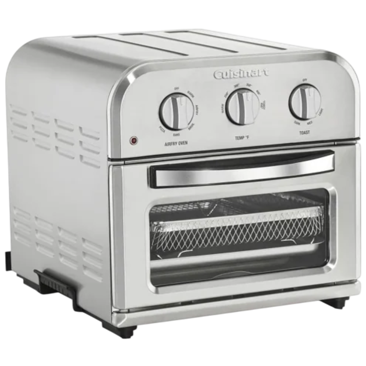 A stainless steel air fry oven with three control knobs labeled \“AirFry Oven,\“ \“Temp °F,\“ and \“Toast,\“ featuring a front glass door and wire rack inside.