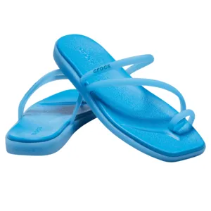 Blue Crocs flip-flop sandals featuring a minimalist strap design and toe loop, suitable for casual wear.