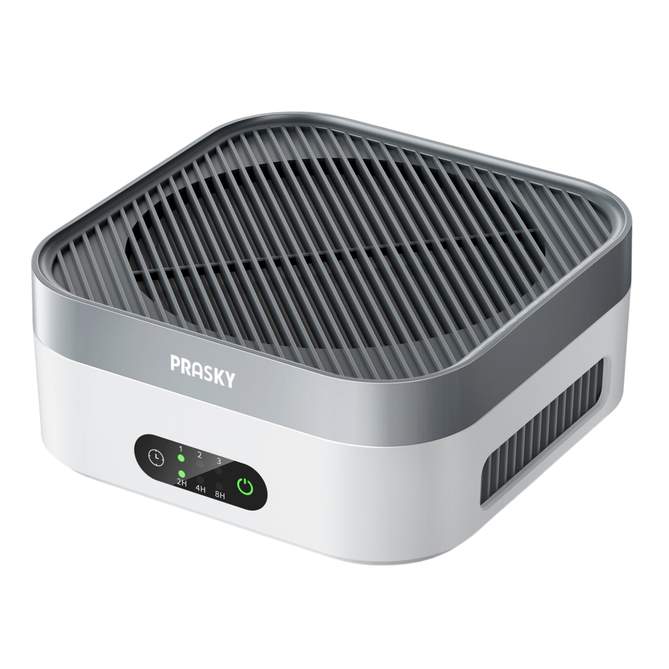 Square gray and white indoor mosquito repellent diffuser with vents, a top grill, and a control panel showing 2H, 4H, 8H settings and a power button.