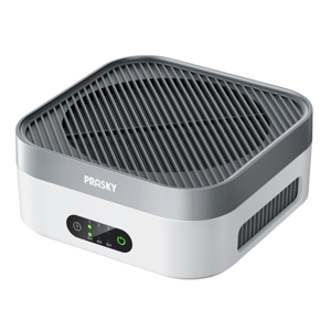 Square gray and white indoor mosquito repellent diffuser with vents, a top grill, and a control panel showing 2H, 4H, 8H settings and a power button.
