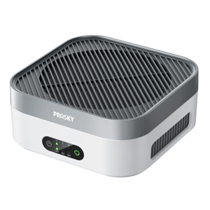 Square gray and white indoor mosquito repellent diffuser with vents, a top grill, and a control panel showing 2H, 4H, 8H settings and a power button.