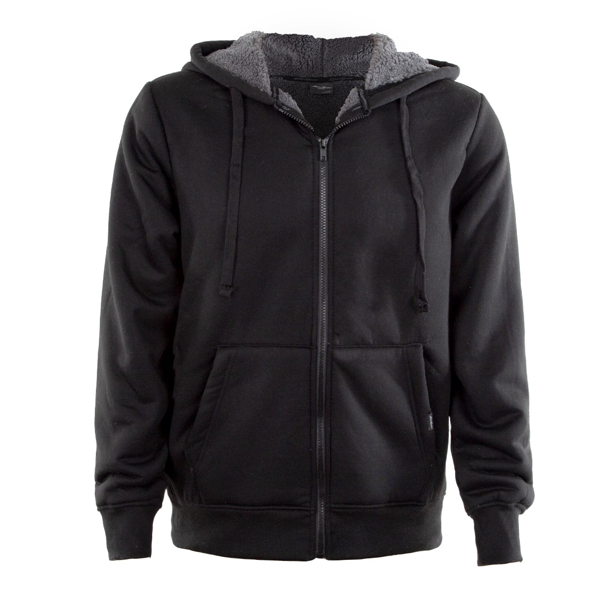 Two black Eddie Bauer hoodies with zip fronts, side pockets, and a gray sherpa-lined hood.