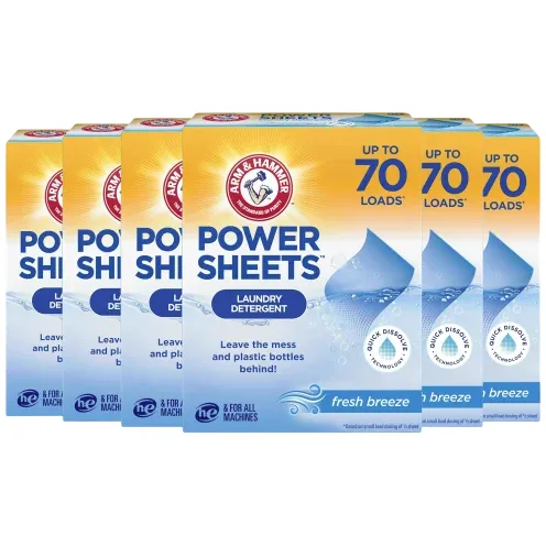 Arm & Hammer Power Sheets Laundry Detergent in Fresh Breeze scent, each box covers up to 70 loads, and is designed for all machines.