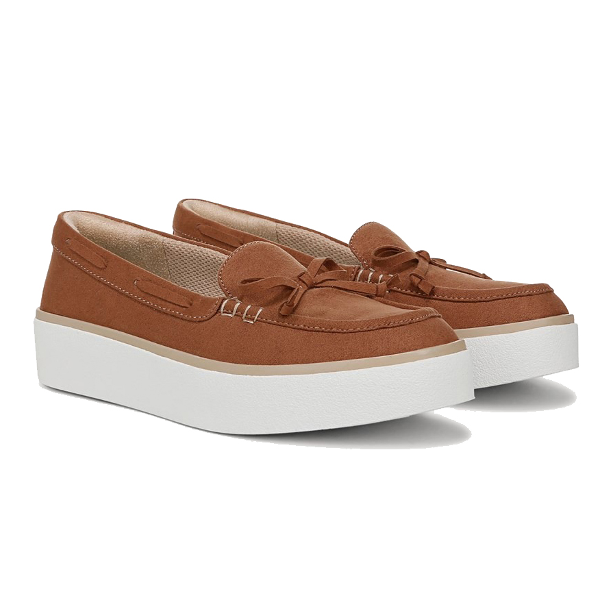 Brown suede moccasins with platform white soles and a bow detail on top.