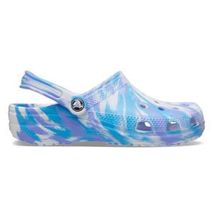 Blue and purple tie-dye Crocs clog with a strap, featuring ventilation ports and a white and black circular logo on the side.
