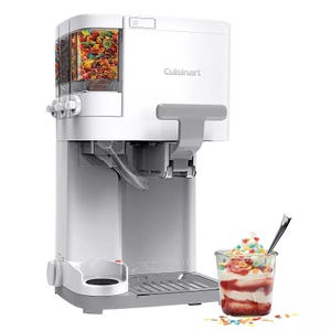 Cuisinart soft serve ice cream maker with mix-in dispensers for toppings like sprinkles or chocolate chips. Includes a drip tray and features a glass with decorated ice cream.