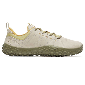 Merrell sneaker with a beige upper, olive-green textured outsole, and yellow interior lining, featuring a rugged design suitable for outdoor activities.