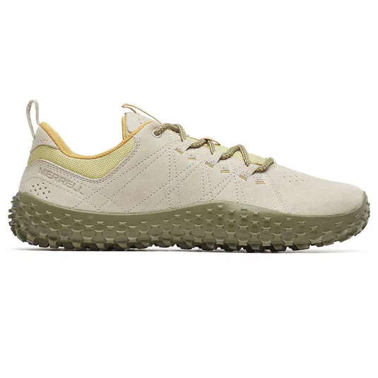 Merrell sneaker with a beige upper, olive-green textured outsole, and yellow interior lining, featuring a rugged design suitable for outdoor activities.