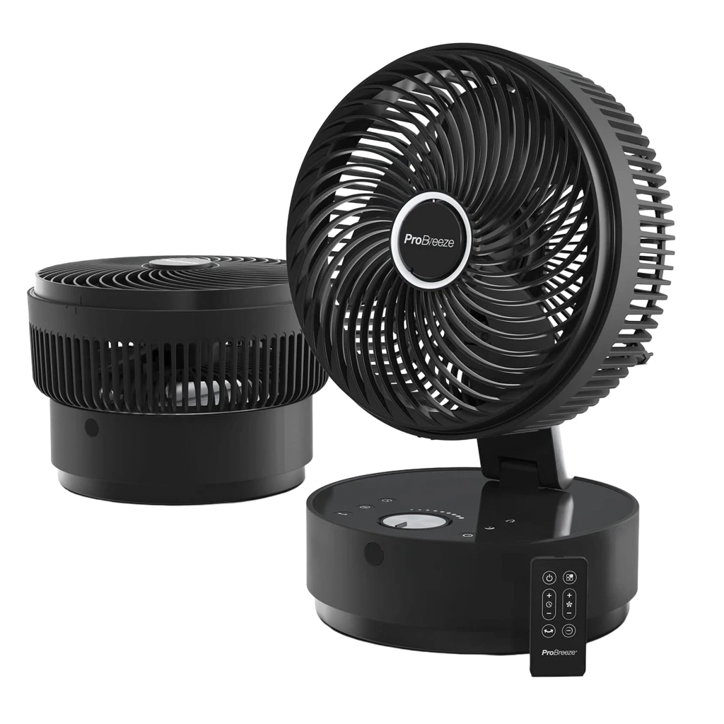 A compact black tabletop fan with a circular design, rotating head, and control panel on the base, accompanied by a remote control for easy operation.