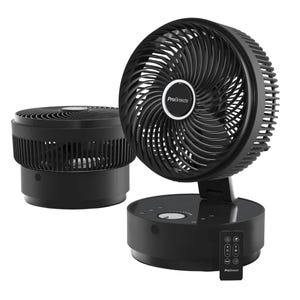 A compact black tabletop fan with a circular design, rotating head, and control panel on the base, accompanied by a remote control for easy operation.