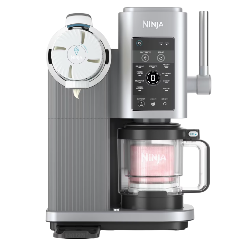 Ninja ice cream maker with a sleek design, featuring controls for making various frozen treats like ice cream, gelato, and smoothies. Includes a transparent mixing container and a spout for dispensing.