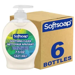 A pack of six Softsoap bottles, each 7.5 oz (221 mL), featuring a soothing clean formula with aloe vera fresh scent.